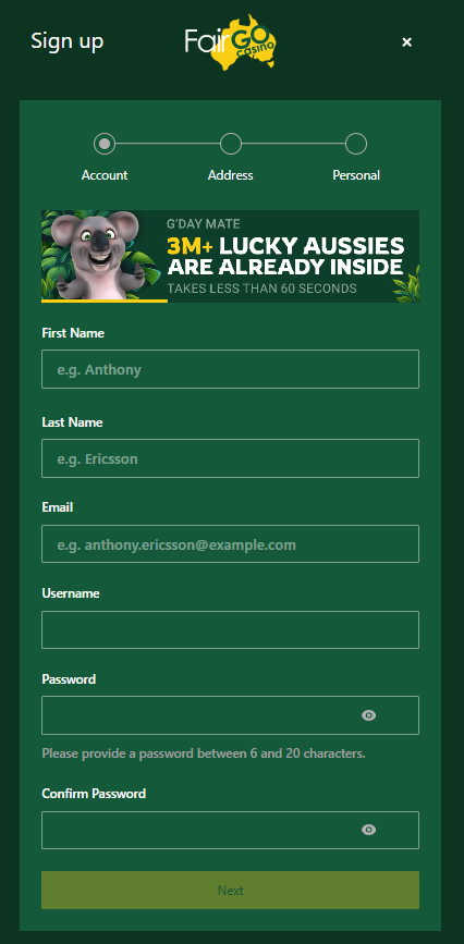 Fairgo Casino sign up form